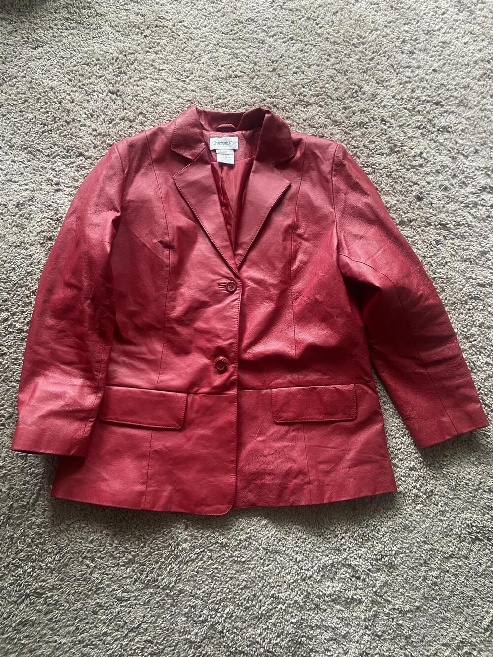 Chadwicks Blazer Womens 16W Red Leather Single Breasted Lined Pockets Mid Length